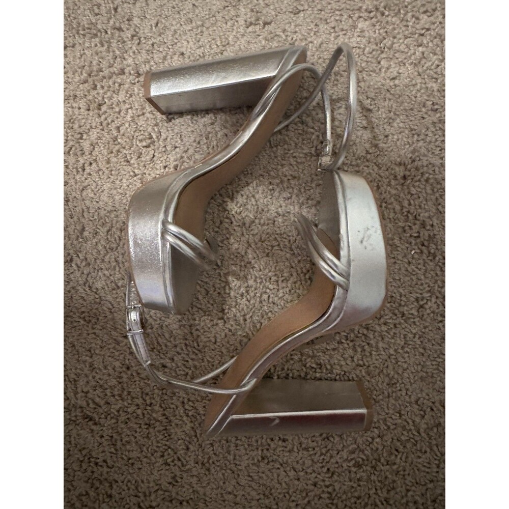 Express Silver PU Strappy Block Heels Ankle Strap Buckle Open Toe Women 7